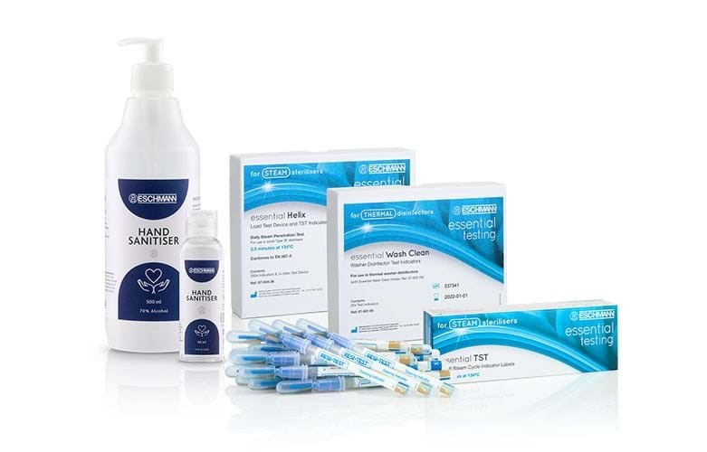 Collection of consumables including testing devices and Eschmann branded hand sanitiser